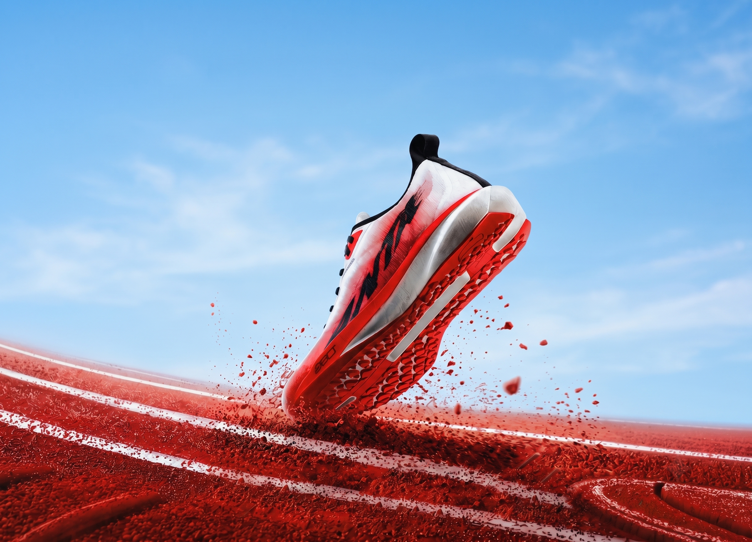 A red and white Stryde running shoe exploding from a running track